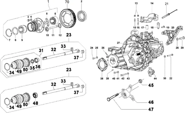 Boîte de vitesse differentiel-demi axes