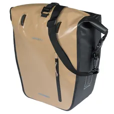 BICYCLE PANNIER BASIL RIVO WATERPROOF 25-31L SABLE/BLACK MOUNTING KIT MIK HOOKS ON CARRIER (43X14X28CM) WITH GRIP AND BANDOUILLERE FERMETURE ENROULEMENT