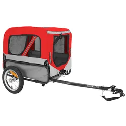 REMORQUE VELO UTILITAIRE MAXI 30Kg COLORI ROUGE/GRIS AVEC ROUES 12" FIXATION AXE DE ROUE ARRIERE - POUR TRANSPORT CHIEN/BAGAGE - 2 OUVERTURES (avant+arrière) + BRAS (L 63cm x l 42cm x h 47cm)