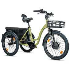 TRICYCLE ELECTRIQUE/VAE CITY LEADER FOX 24" CURTIS X 2025 MIXTE VERT KAKI BRILLANT 8V SHIMANO NEXUS MOTEUR ROUE AV BAFANG 36V 45Nm BATTERIE 16,7Ah (LARGEUR HORS TOUT 75cm, DEBATTEMENT 50mm)