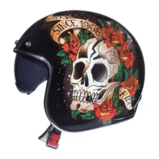 OPEN-FACE HELMET MT HELMETS THE MANS 2 SV SKULL & ROSES A1 GLOSS BLACK L SINGLE VISOR TRANSPARENT (SUPPLIED WITH ONE SCREEN ADDITIONAL DARK (ECE 22.06)