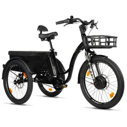 ELECTRIC TRICYCLE/E-BIKE CITY LEADER FOX 24" CURTIS X 2025 UNISEX BLACK GLOSS 8-SPEED SHIMANO NEXUS HUB MOTOR AV BAFANG 36-SPEED 45NM BATTERY 16,7AH (WIDTH HORS ALL 75 cm, DEBATTEMENT 50 mm) -HOUSSE PLUIE