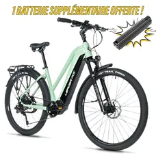 ELECTRIC BICYCLE/E-BIKE TREKKING BIKE 28 LEADER FOX BARNET 2025 WOMEN'S GREEN D'EAU 9-SPEED MID-DRIVE MOTOR BAFANG M510 36-SPEED 95NM BATTERY 20AH (20'' - H52CM - SIZE L - FOR ADULT OF 178 cm TO 185 cm)