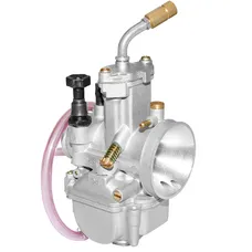 CARBURATEUR TYPE PWK 24 SILVER A BOISSEAU PLAT AVEC POWER JET ENTREE AIR POLI + COUDE TOURNANT + STARTER A TIRETTE -QUALITE PREMIUM- -P2R