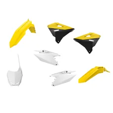 CARROSSERIE/CARENAGE MOTO MX RESTYLING SUZUKI 125, 250 RM 2001>2008 JAUNE/BLANC (COULEUR OEM) (KIT PLASTIQUES 7 PIECES) -POLISPORT
